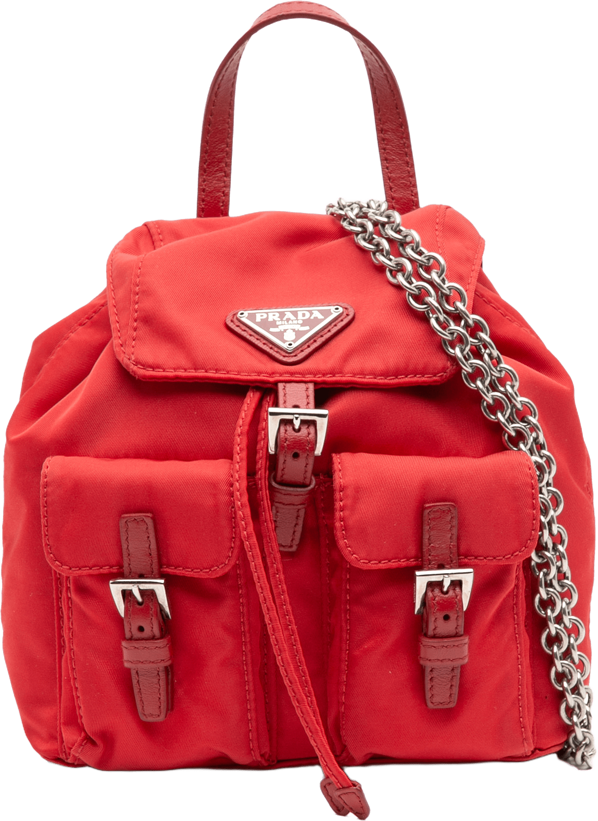 Prada Mini Tessuto Chain Backpack, från Luxclusif, i färgen red.