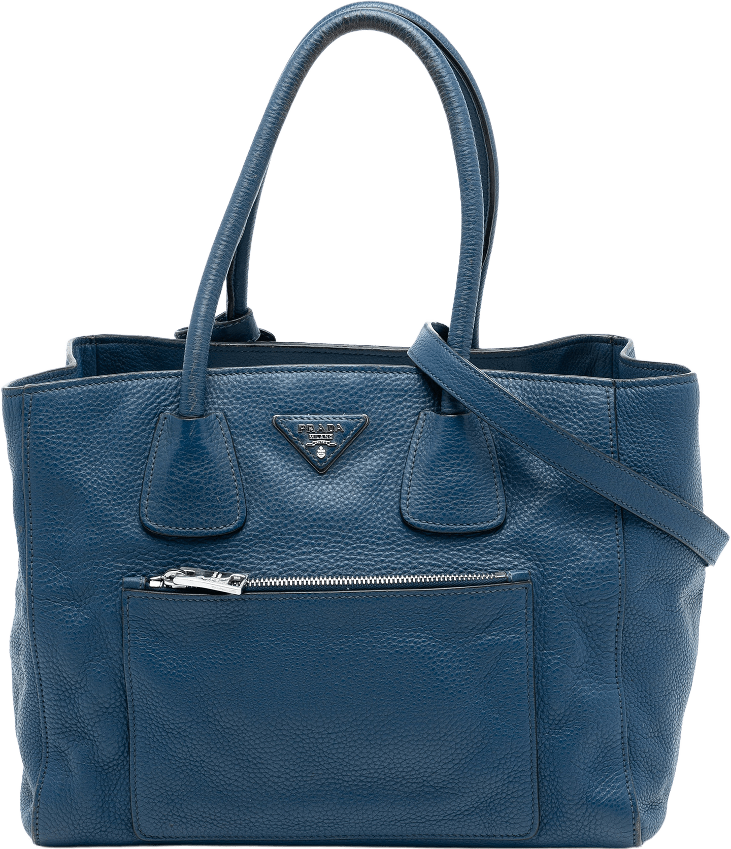 Prada Vitello Daino Front Pocket Open Convertible Tote, från Luxclusif, i färgen blue.