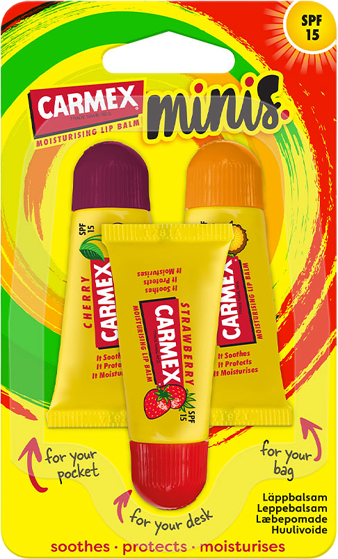 Carmex läppbalsam i minituber, 3 olika smaker