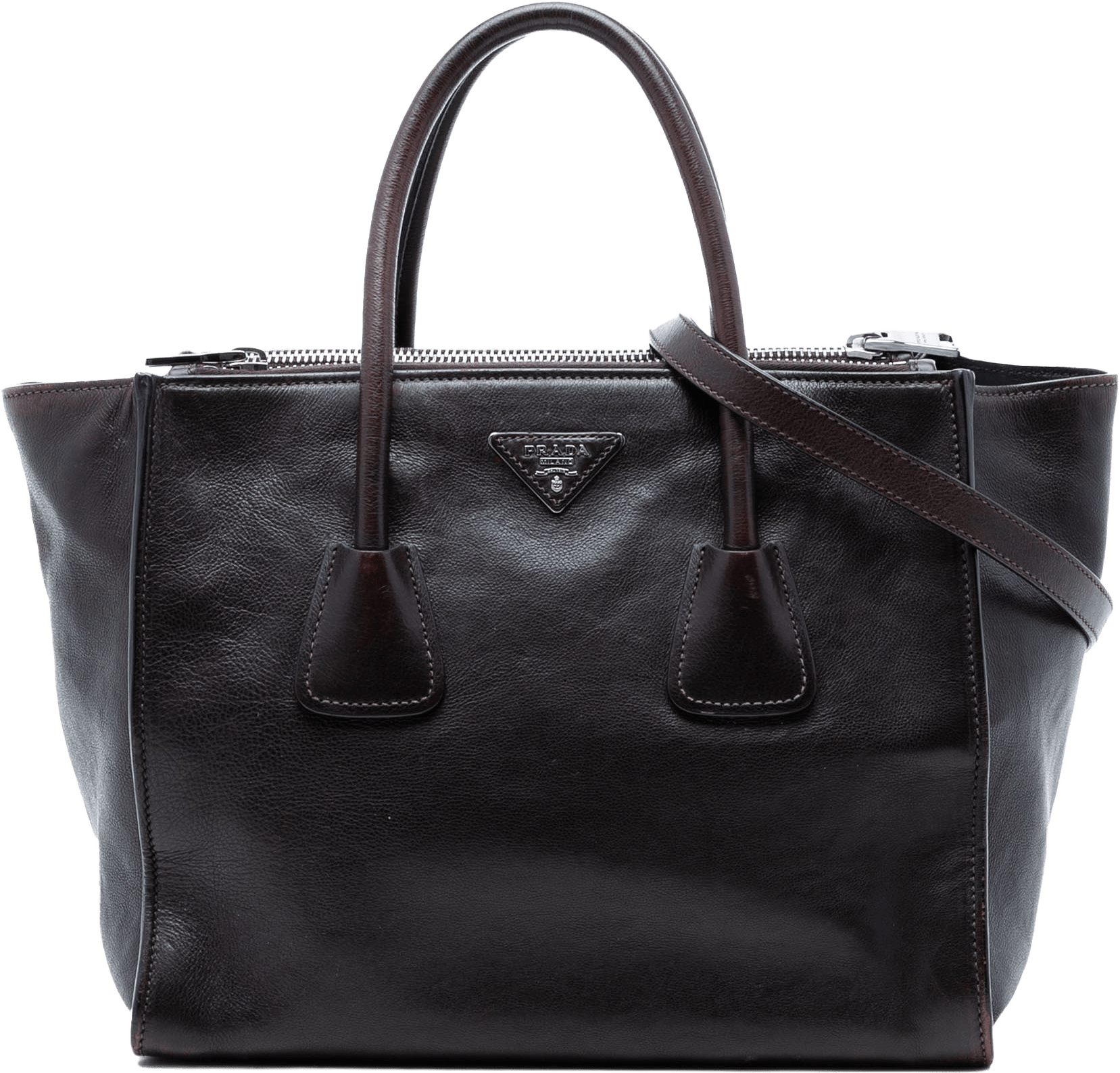 Prada Glace Calf Twin Pocket Double Handle Satchel, från Luxclusif, i färgen dark brown.