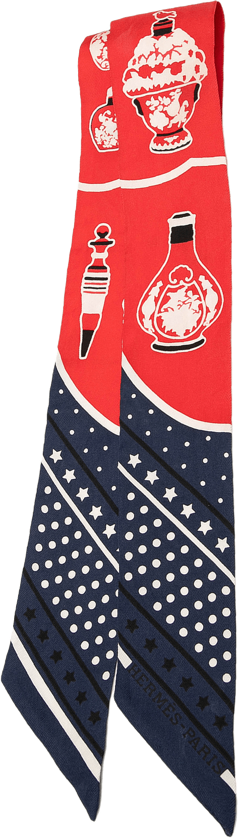 Hermès Les Flacons Bandana Silk Twilly Scarf, från Luxclusif, i färgen red.