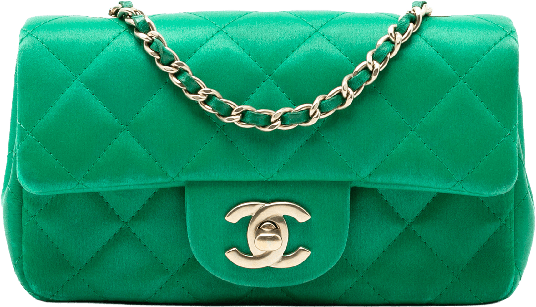 Chanel Extra Mini Rectangular Classic Satin Single Flap, från Luxclusif, i färgen green.