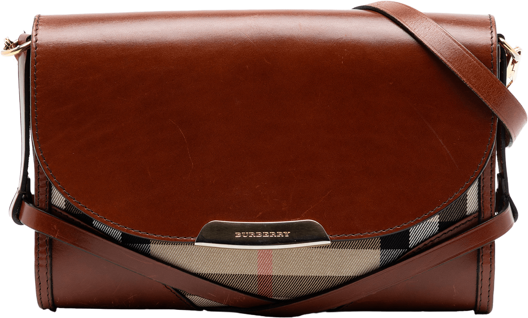 Burberry Leather And House Check Canvas Bridle Abbott Crossbody, från Luxclusif, i färgen brown.