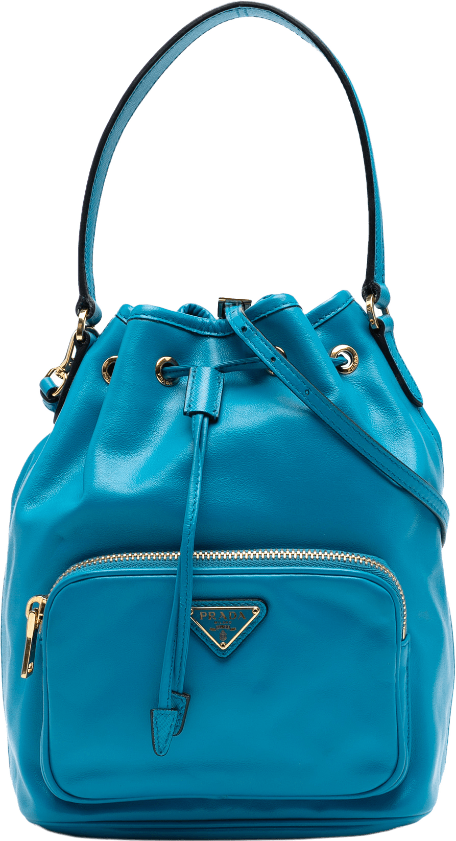 Prada Mini Soft Calf Drawstring Bucket Bag, från Luxclusif, i färgen blue.