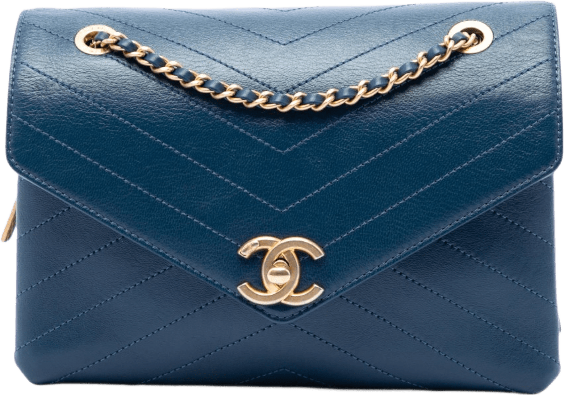 Chanel Small Chevron Lambskin Stitched Envelope Flap, från Luxclusif, i färgen blå.