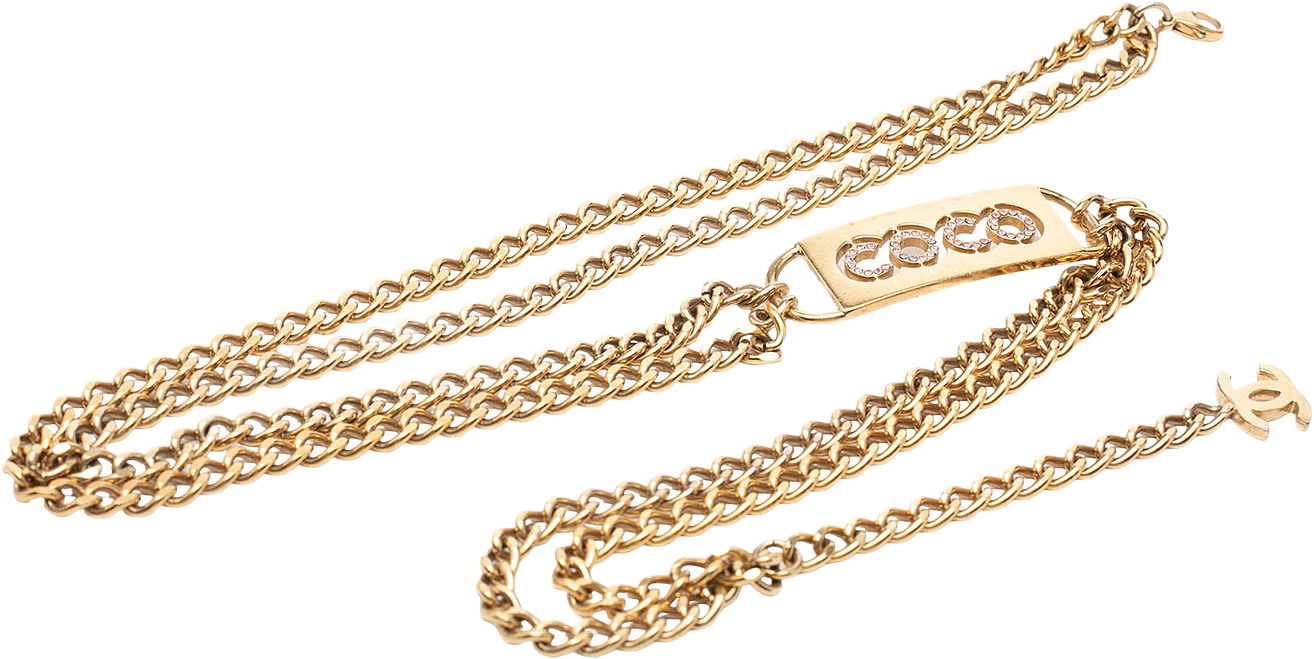 Chanel Cc Gold Plated Strass Coco Plaque Double Chain Belt, från Luxclusif, i färgen guld.
