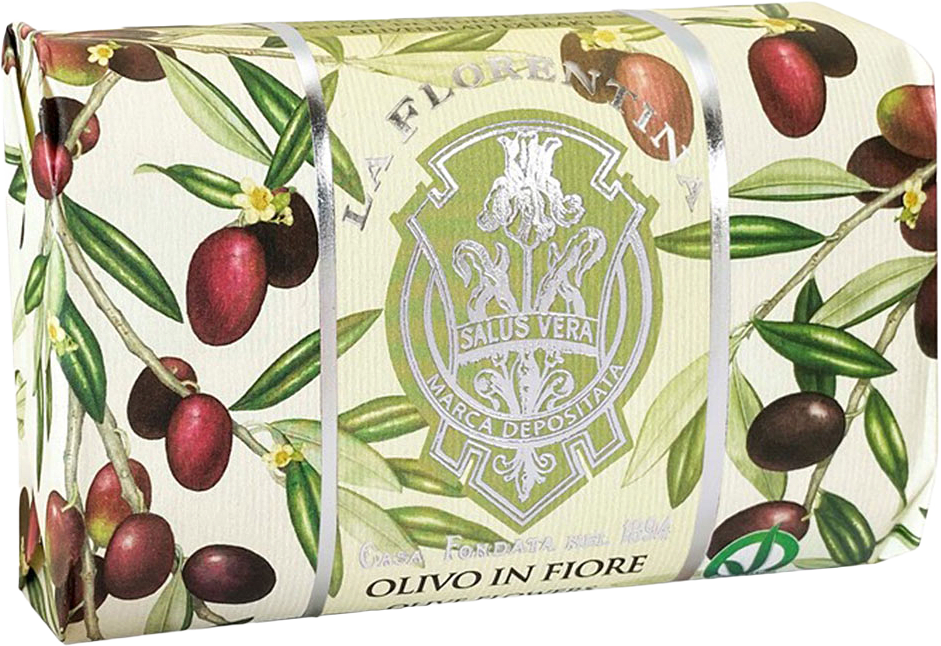 Fast tvål papperomslag Oliv Flower, från La Florentina.