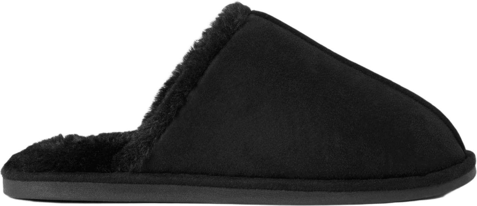 Fodrade tofflor i mockaimitation, från Åhléns, i färgen Black.
