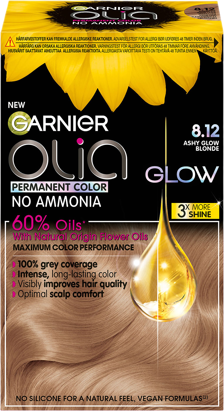 Olia permanent hårfärg 8.12, från Garnier, i färgen Ashy Glow Blonde.