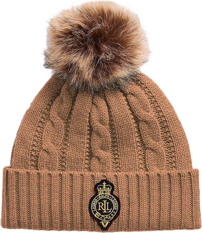 Crest-Patch Pom-Pom Cable-Knit Beanie, från Lauren Ralph Lauren, i färgen Classic Camel.