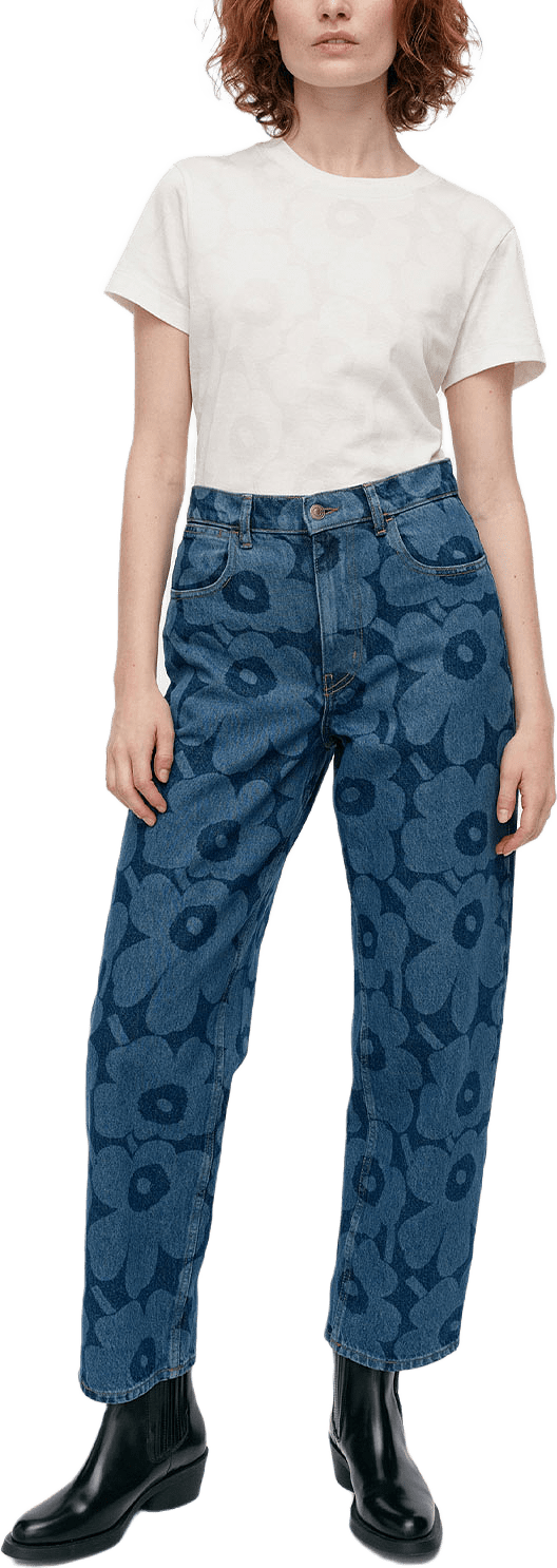 Maridenim Barrel Unikko Trouser, från Marimekko, i färgen Mid Indigo.