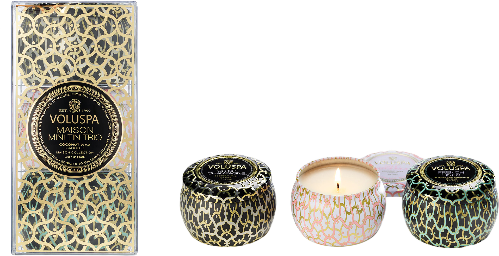 Maison Minitin Giftset - Crisp Champagne, SaijoPersimmon, French Linen, från Voluspa.