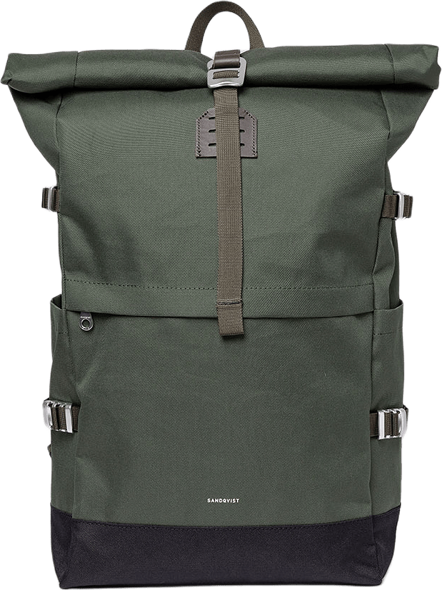 Icon Rolltop Backpack L, från Sandqvist, i färgen Dawn Green With Dark Brown Leather.