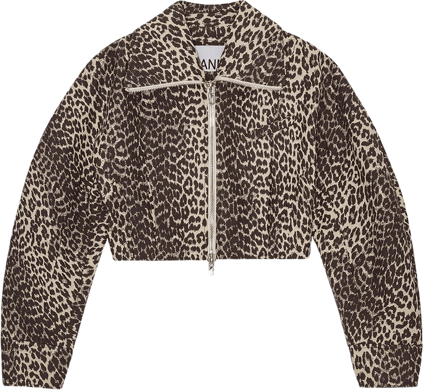 Cotton Tweed Curve Sleeve Short Jacket, från GANNI, i färgen Leopard.