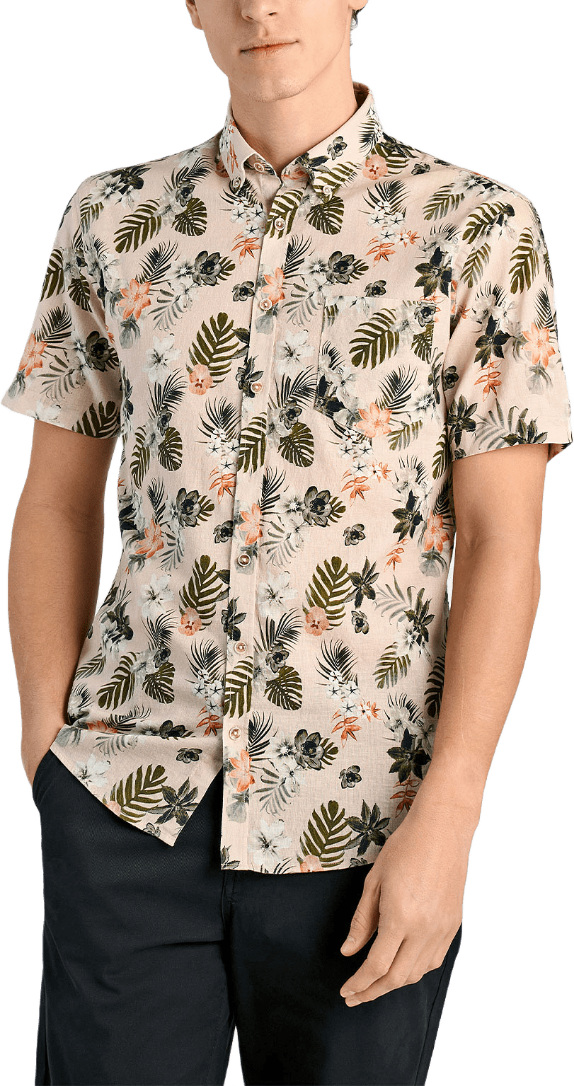 Printed cotton/linen shirt S/S, från Lindbergh, i färgen Mid Sand.