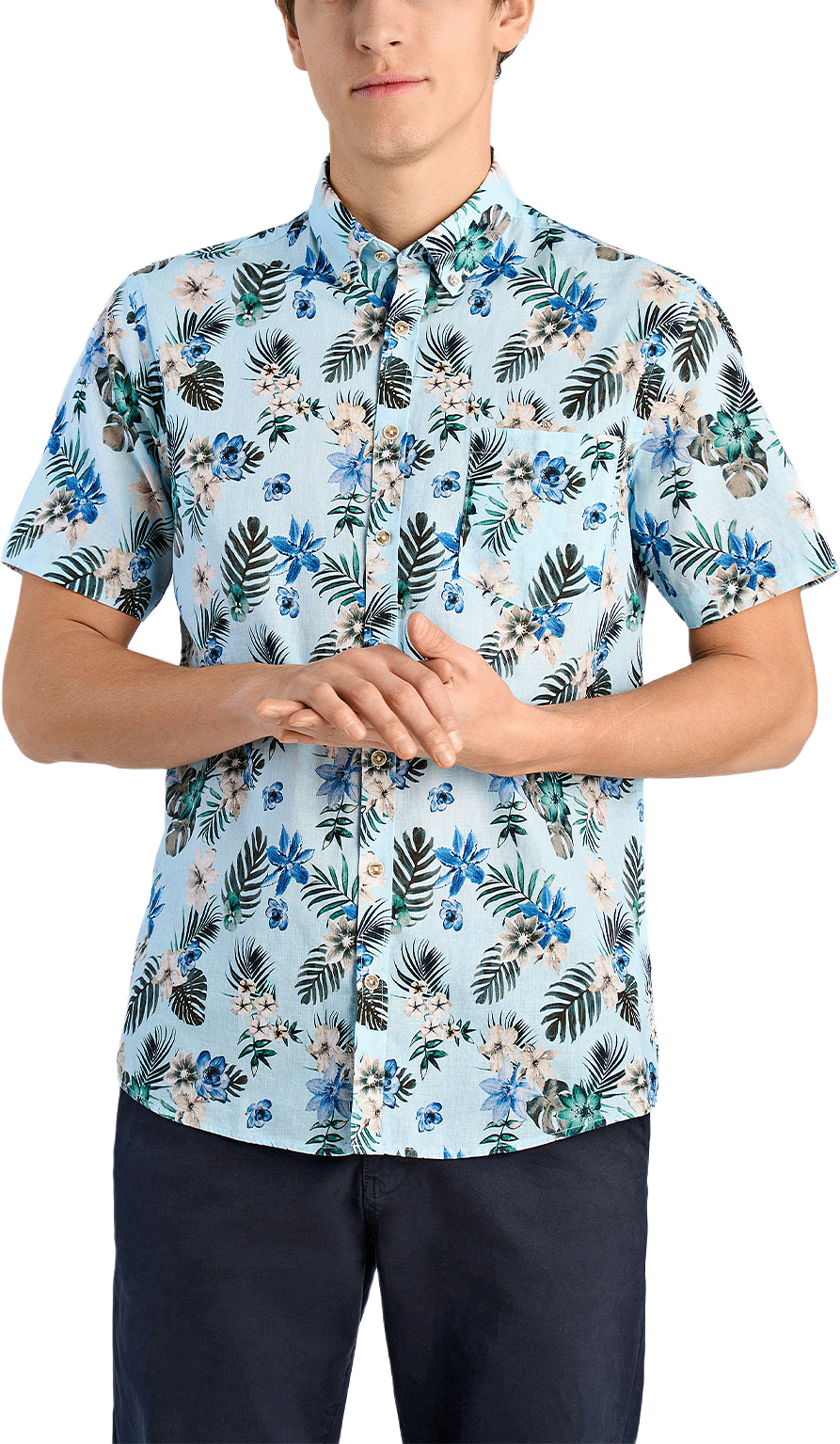 Printed cotton/linen shirt S/S, från Lindbergh, i färgen Lt Blue.