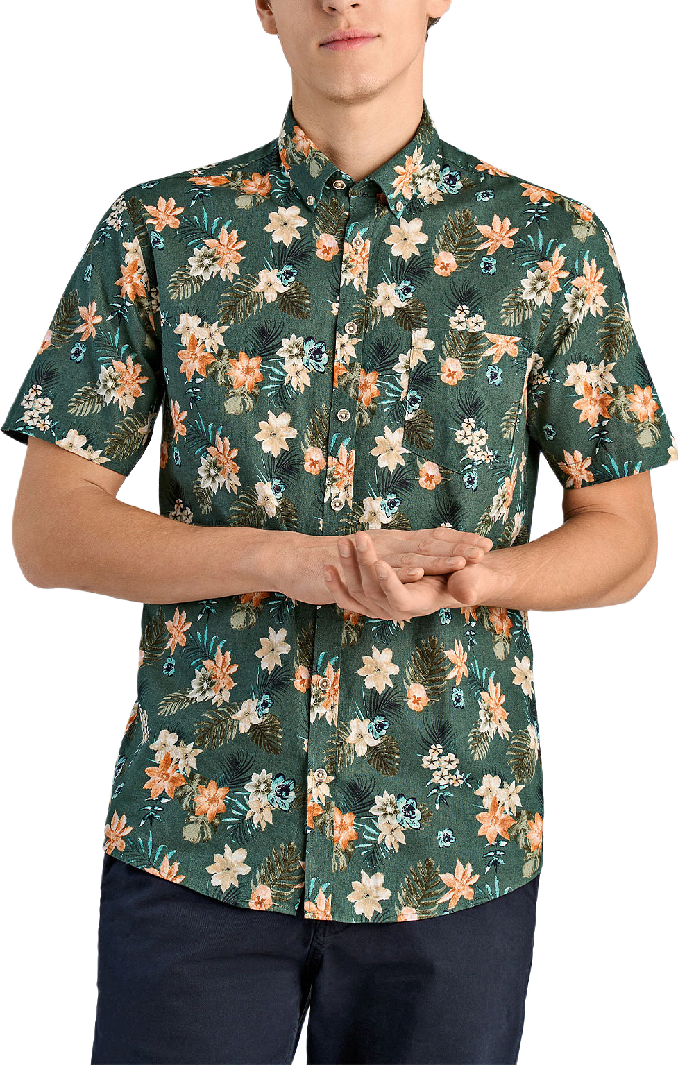 Printed cotton/linen shirt S/S, från Lindbergh, i färgen Faded Green.