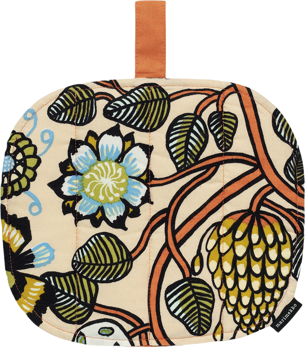 Pieni Tiara Kettle Holder, från Marimekko, i färgen Sand, Warm Or, Green.
