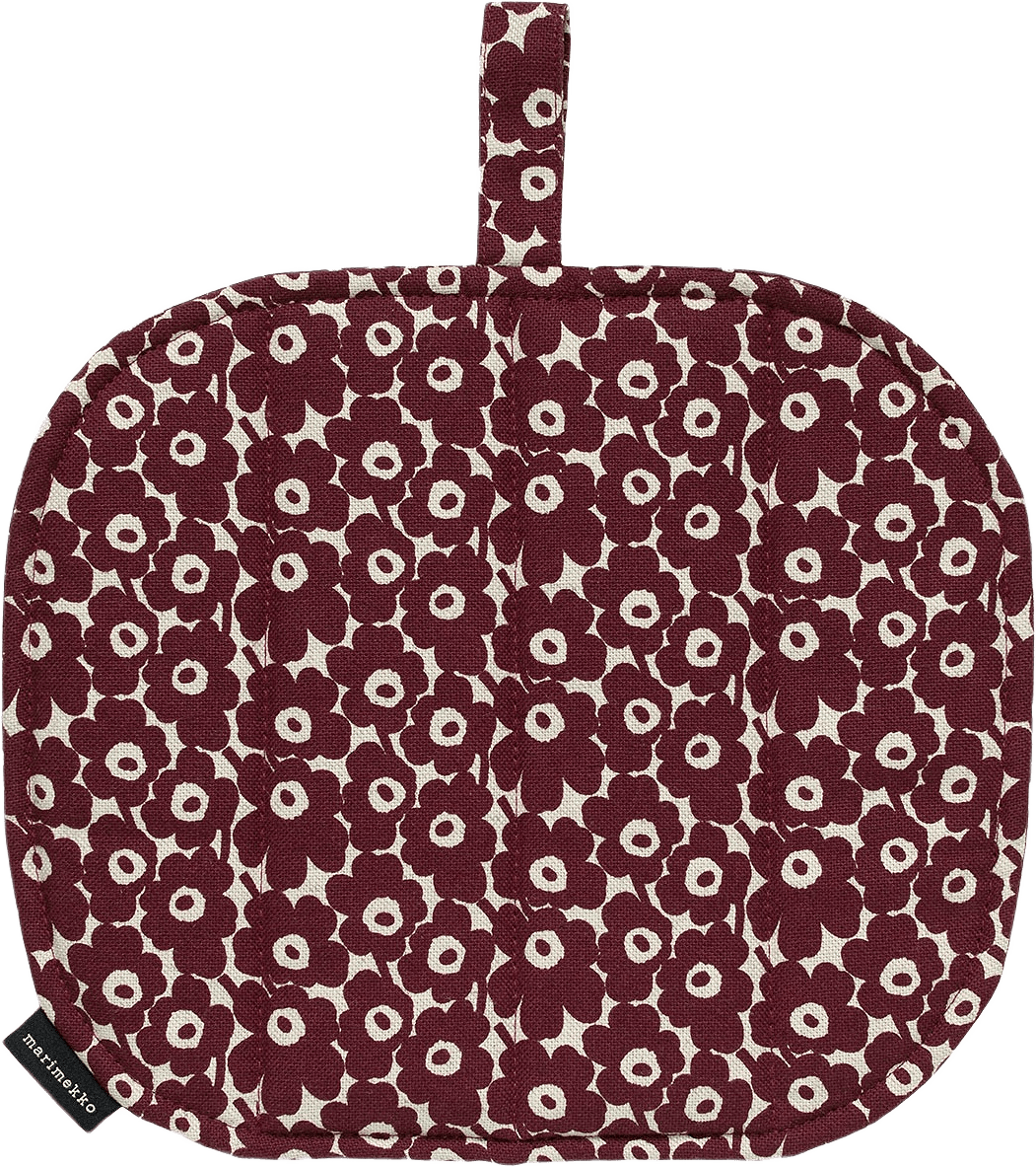 Pikkuinen Unikko Kettleholder, från Marimekko, i färgen Linen, Burgundy.