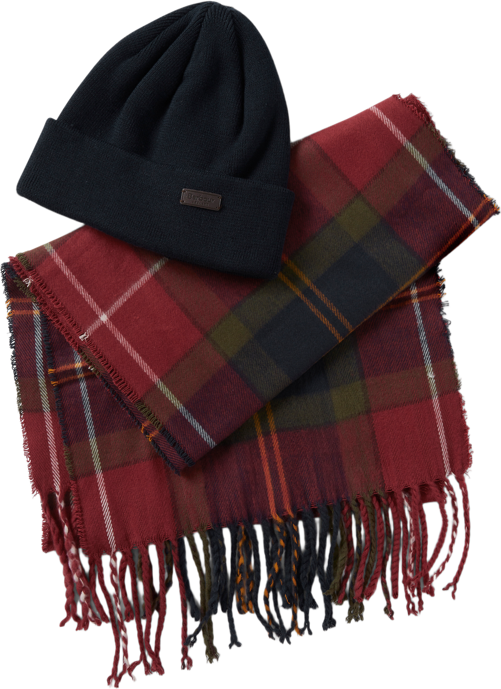 Swinton Beanie & Galingale Scarf Gift Set, från Barbour, i färgen Winterberry Tartan.