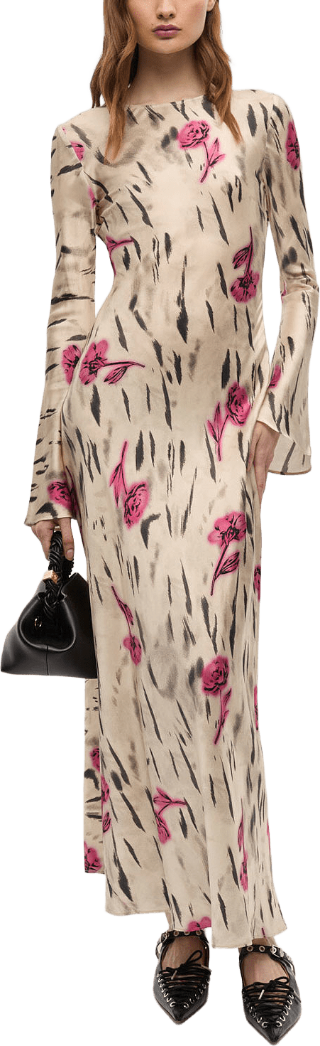Printed Stretch Satin Long Sleeve Maxi Dress