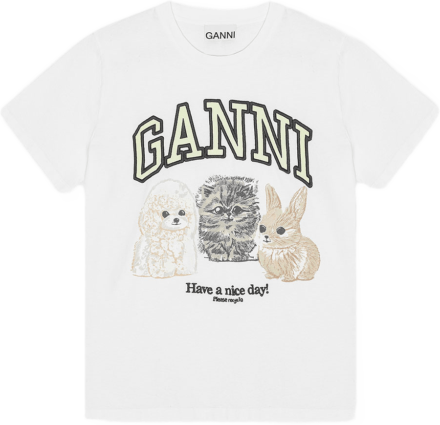 Basic Cotton Jersey Animals Relaxed T-shirt, från GANNI, i färgen Bright White.