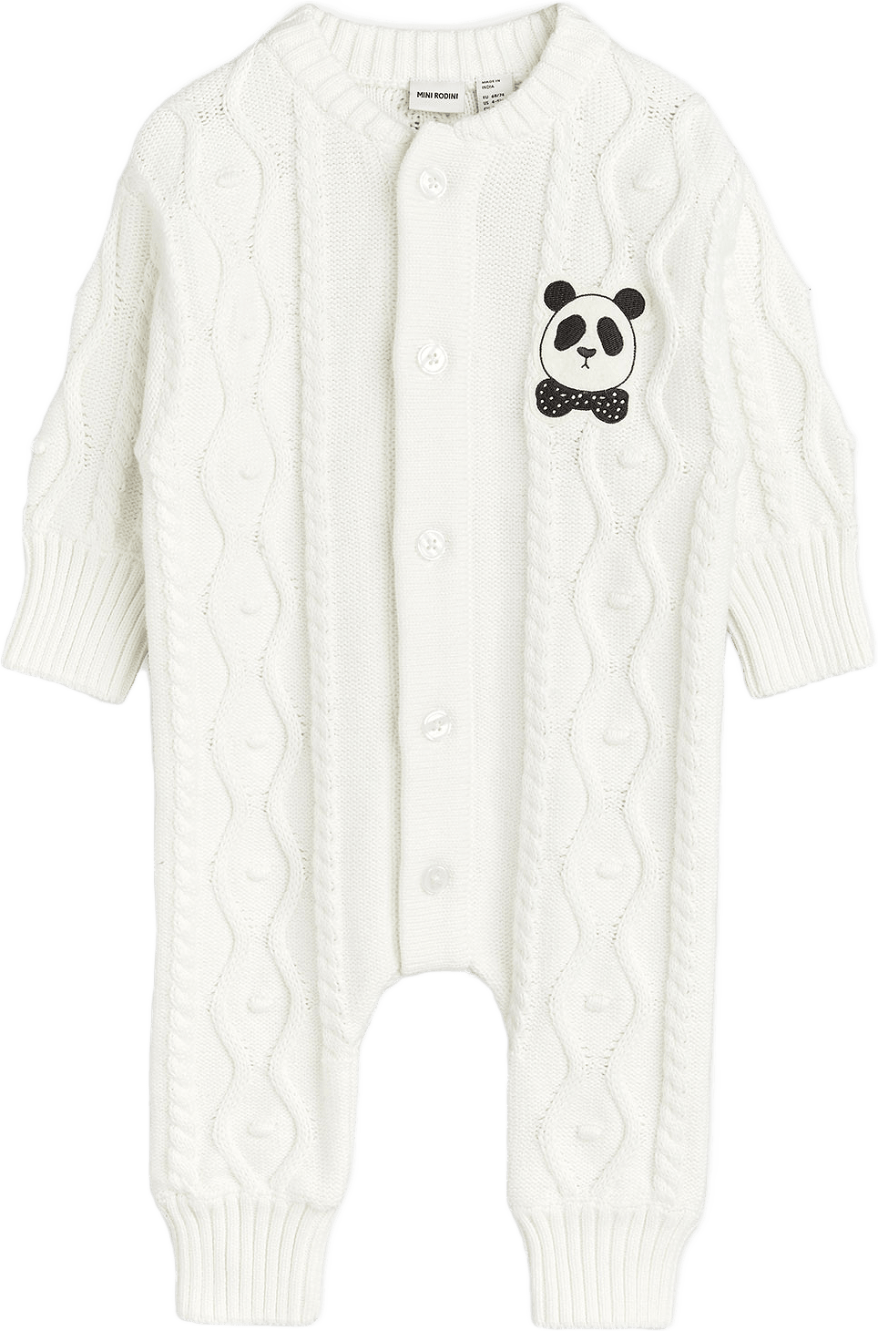 Panda Texturstickad Baby Onesie, från Mini Rodini, i färgen Offwhite.