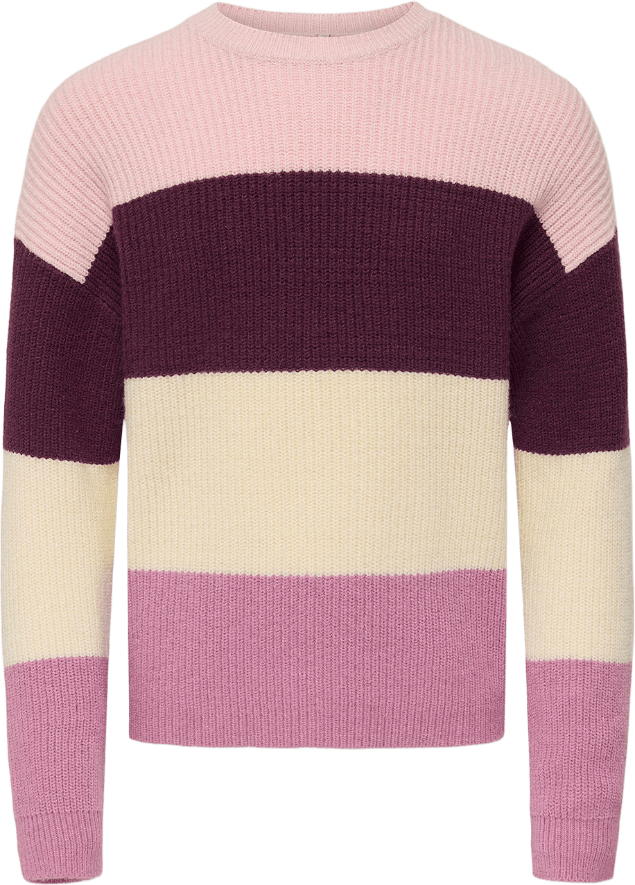 Stickad tröja SANDY STRIPE, från Only, i färgen Mauve Wine Chalk Pink/Birch/Mauve Orchid.
