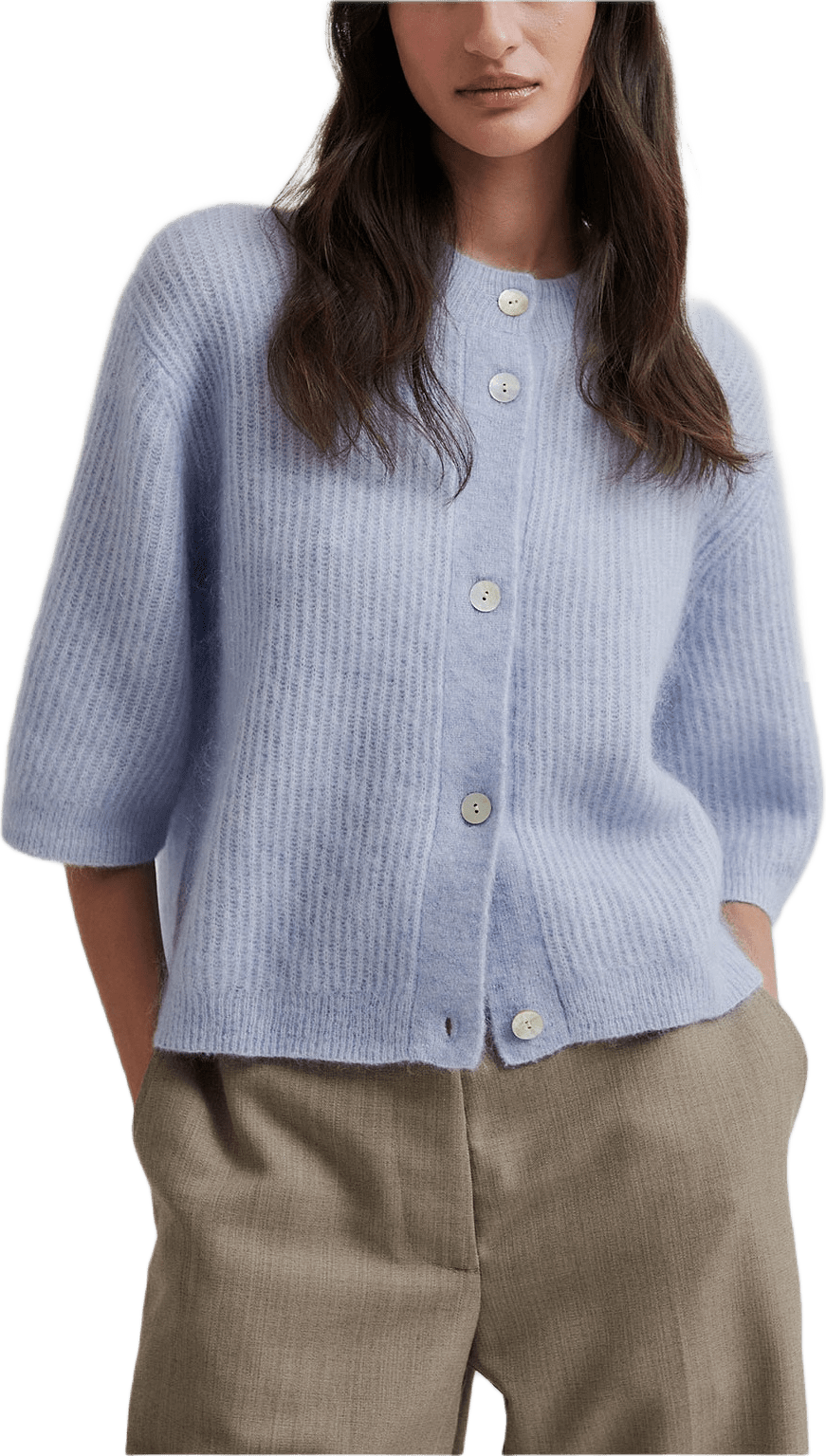 Andrea Knit Rib Cardigan, från Second Female, i färgen Brunnera Blue.