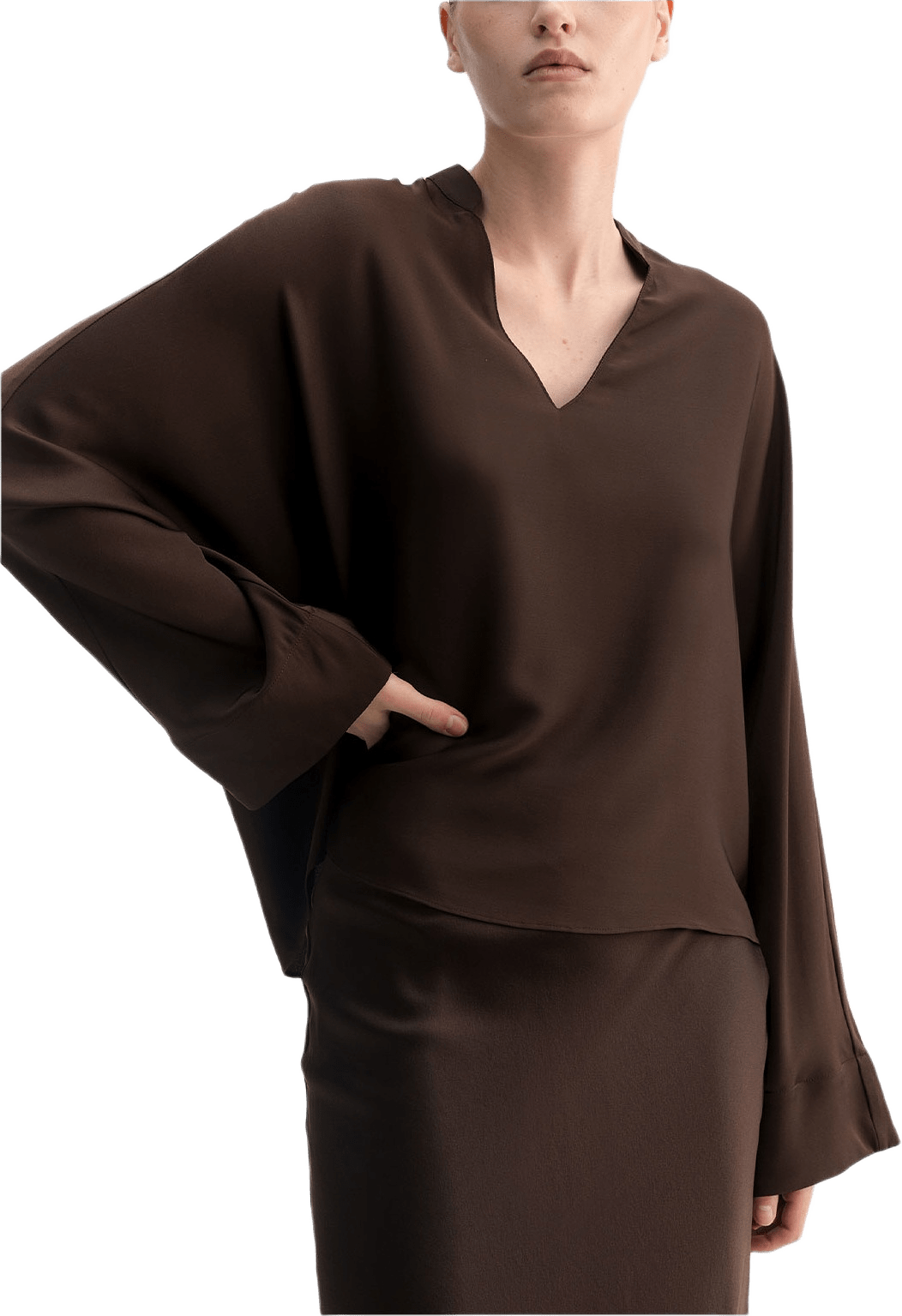 Nina v-neck silk blouse, från Ahlvar Gallery, i färgen Dark Brown.