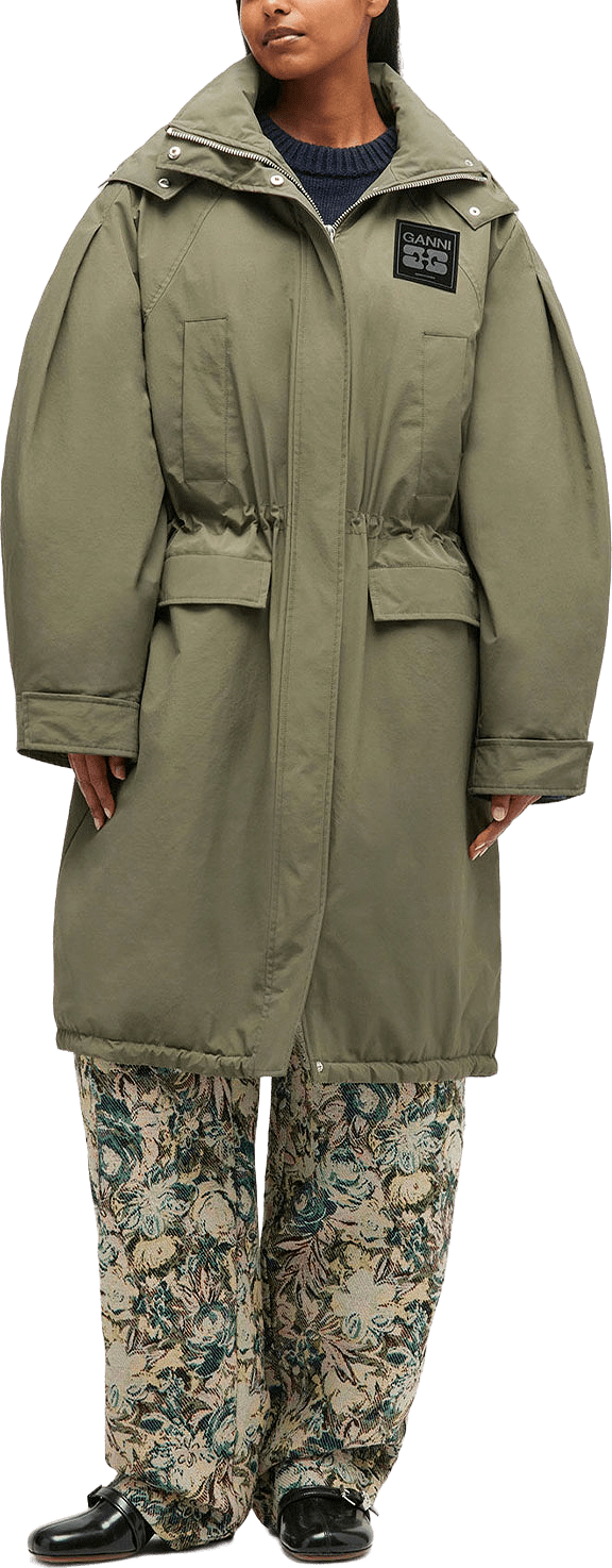 Ripstop Tri-Layer Parka Coat, från GANNI, i färgen Kalamata.