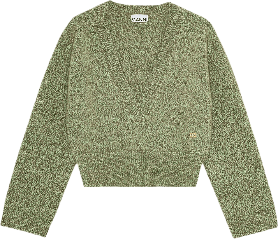 Brushed Mohair Mix Deep V-neck, från GANNI, i färgen Nile.