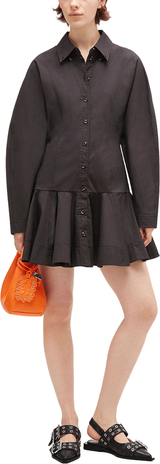 Stretch Cotton Buttoned Mini Dress, från GANNI, i färgen Black.