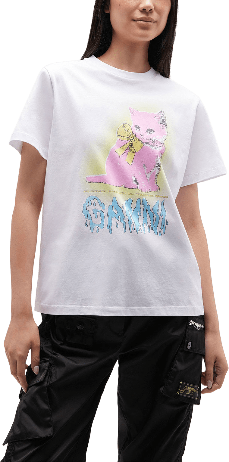 Basic Cotton Jersey Neon Kitty T-shirt, från GANNI, i färgen Bright White.