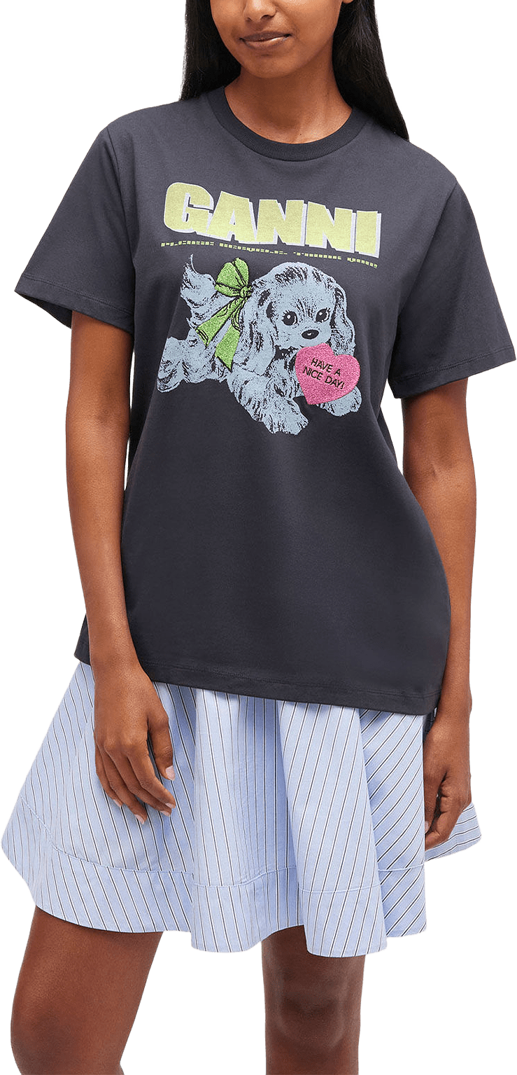 Basic Cotton Jersey Neon Puppy T-shirt, från GANNI, i färgen Phantom.