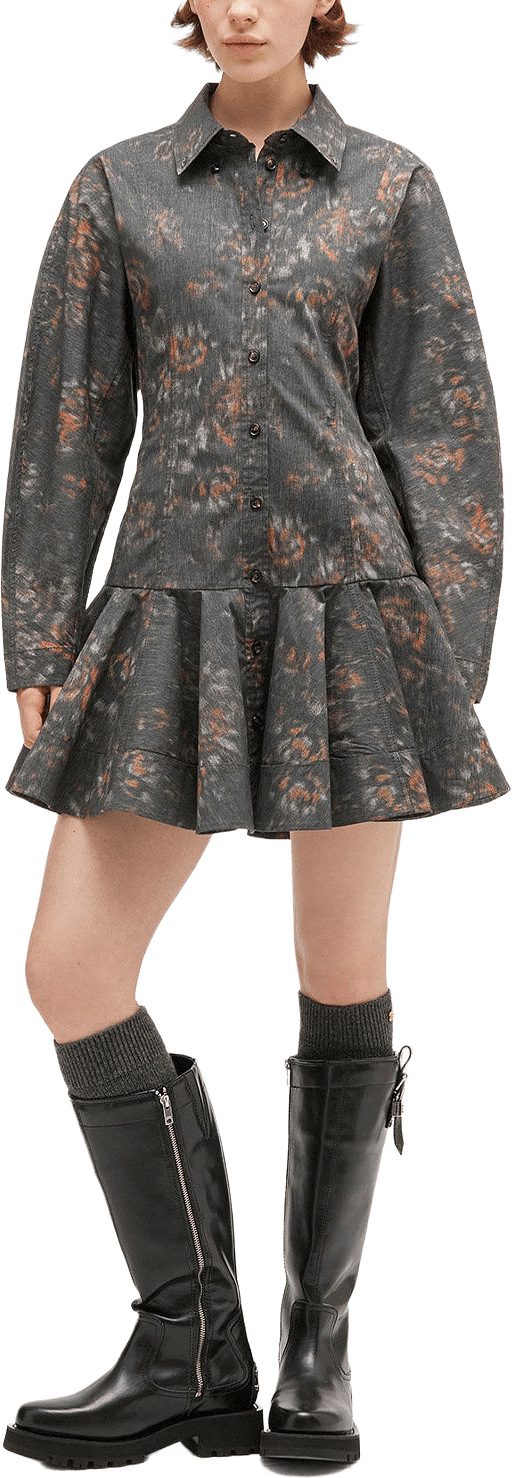 Printed Stretch Cotton Buttoned Mini Dress, från GANNI, i färgen Phantom.