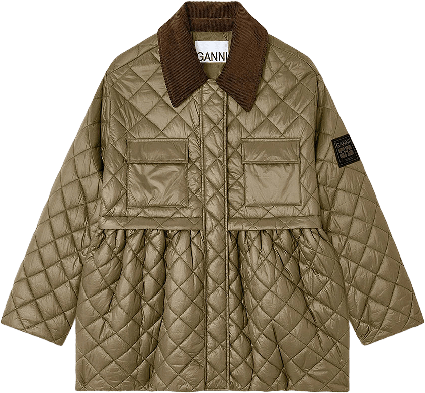 Shiny Quilt Midi Jacket w. Flare, från GANNI, i färgen Kalamata.