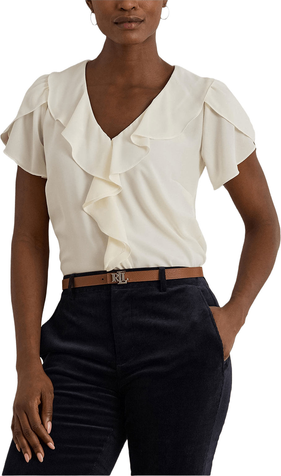 Ruffle-Trim Georgette Blouse, från Lauren Ralph Lauren, i färgen Mascarpone Cream.