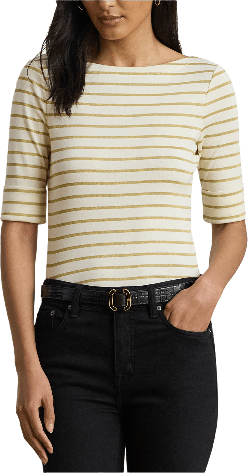 Metallic Striped Boatneck Tee, från Lauren Ralph Lauren, i färgen Mascarpone Cream/Gold Metallic.