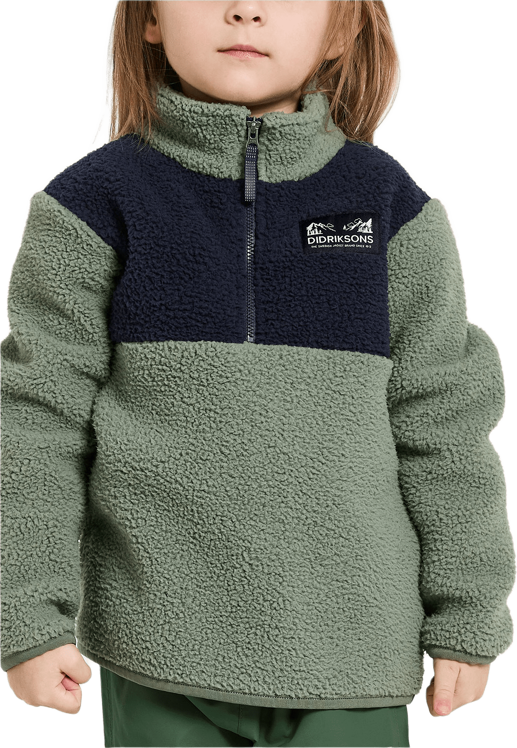 Gosig Kids Halfzip, från Didriksons, i färgen Light Moss.