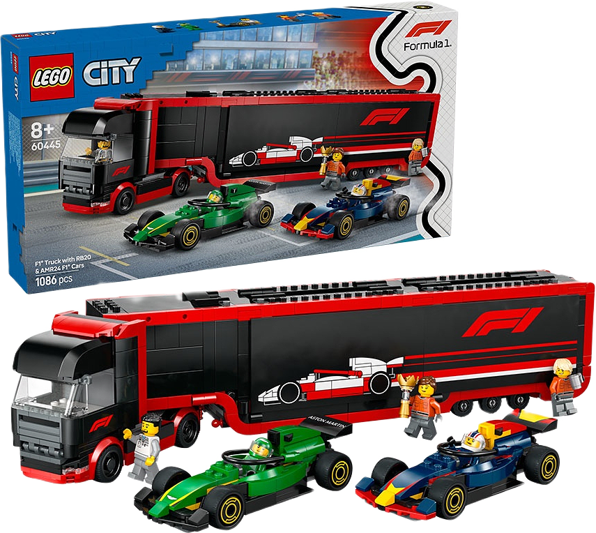 City F1 lastbil med RB20 & AMR24 F1 bilar 60445, från LEGO.