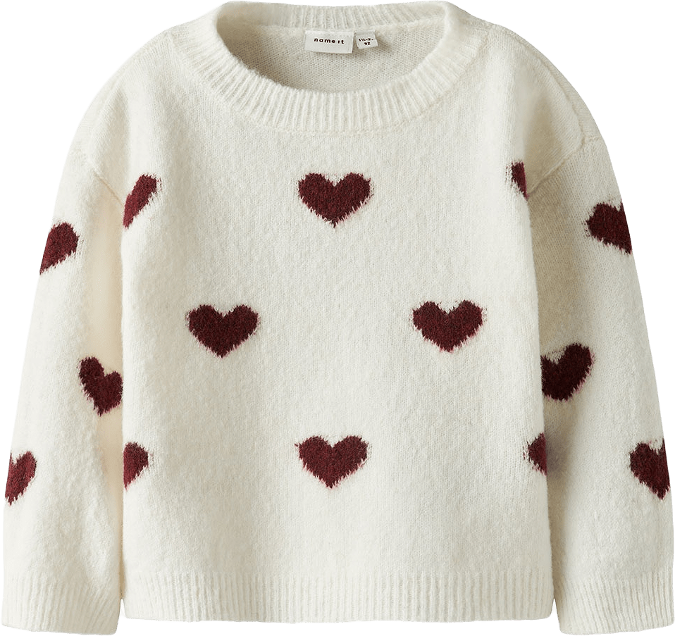 NMFONA LS KNIT, från Name It, i färgen Cloud Dancer Burgundy Hearts.