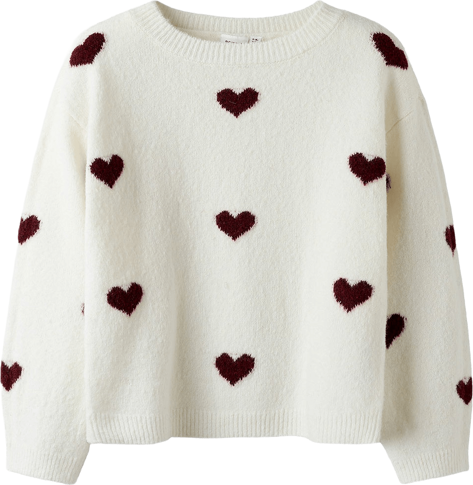 NKFONA LS KNIT, från Name It, i färgen Cloud Dancer Burgundy Hearts.