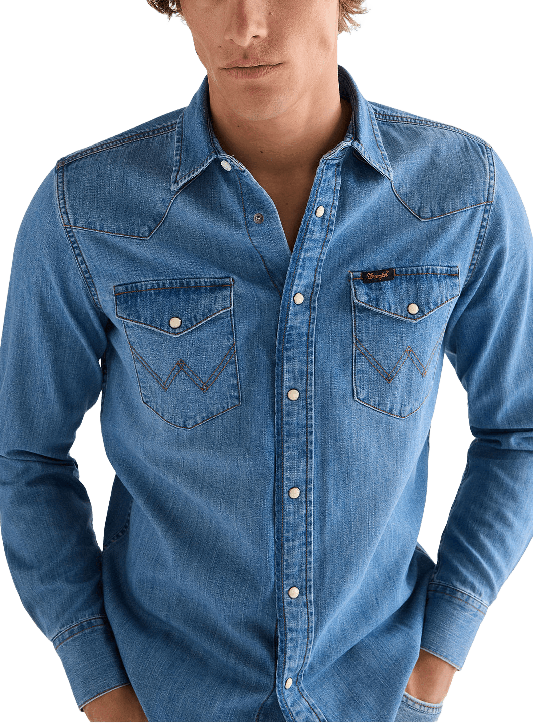 Western Shirt, från Wrangler, i färgen Mid Light Wash.