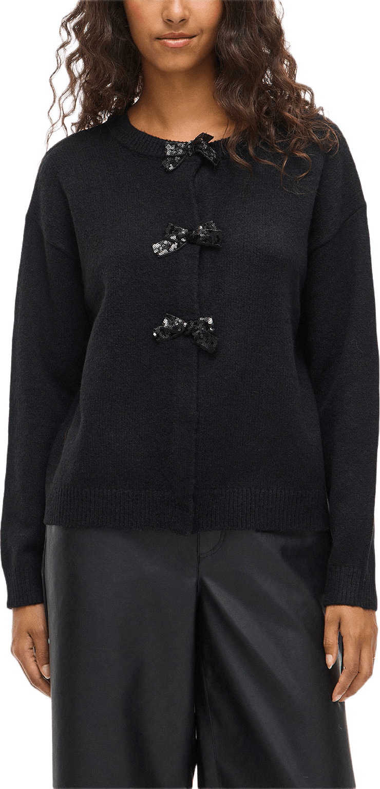 VIBRIANNA Stickad kofta med Rosetter, från Vila, i färgen Black Beauty Dtm Bow.