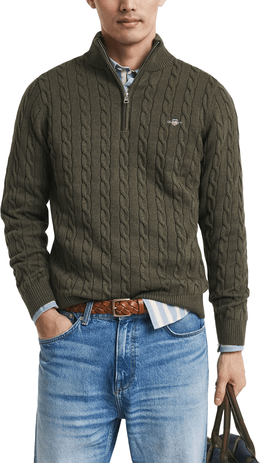Cotton Cable Half Zip, från GANT, i färgen Khaki Green Mel.