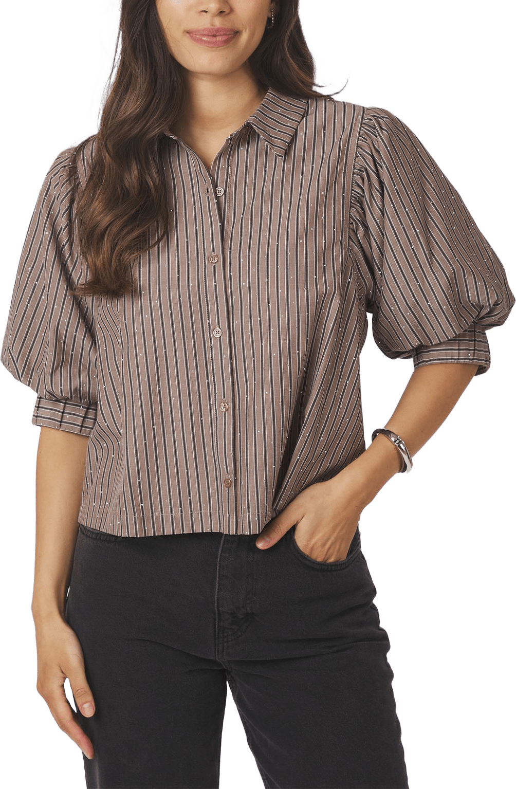 Etta Soft Stripe Stone Shirt, från Neo Noir, i färgen Brown.