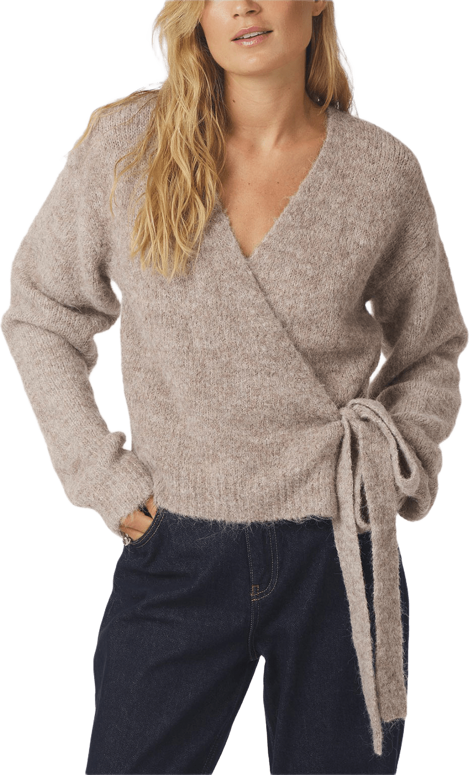 Ronia Fluffy Wrap Knit Cardigan, från Neo Noir, i färgen Beige Melange.