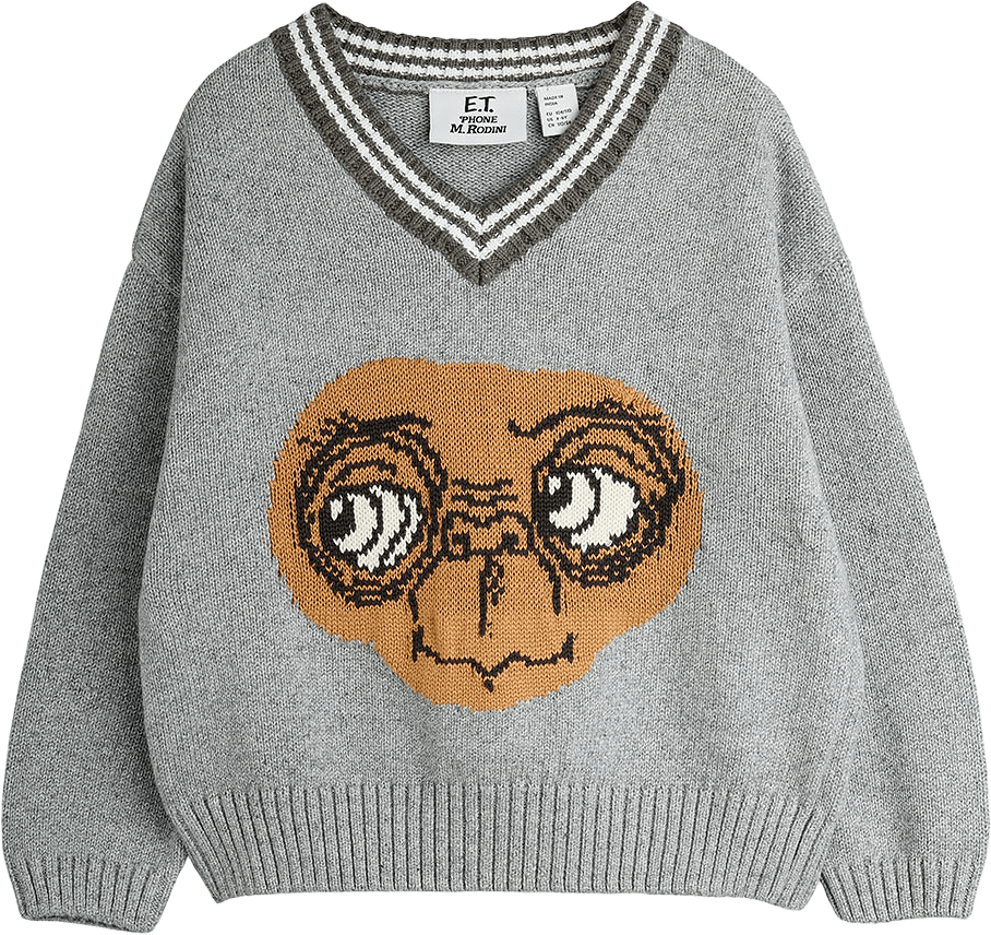E.T. intarsia v-neck sweater, från Mini Rodini, i färgen Grey Melange.