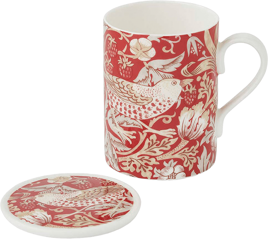 Mugg- och glasunderläggsset Strawberry Thief Indian Red, från Morris & Co, i färgen Red/Pink.